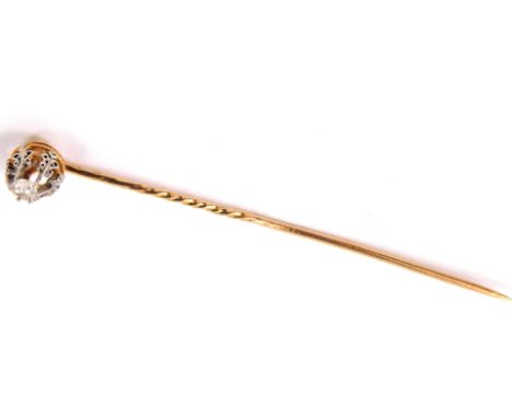 A rose cut diamond stick pin, set in yellow and white metal, approx 1/8ct, 2.0g.