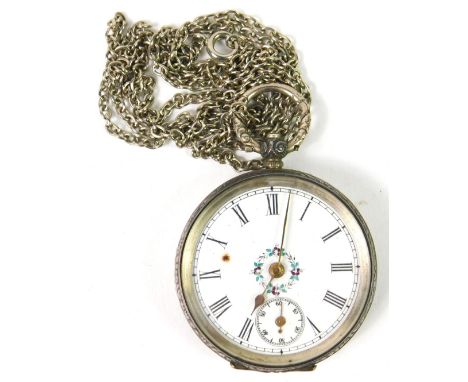 A Swiss lady's open faced pocket watch, key wind, enamel circular dial bearing Roman numerals, subsidiary seconds dial, the c