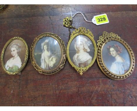 Four 20th century portrait miniatures in circular brass frames, 5 x 3.5