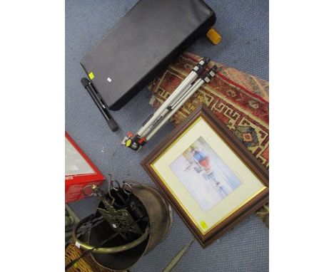 A small quantity of fireside items, together with a print depicting boats at sea, and a tripod