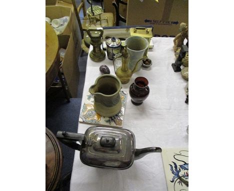 A mixed lot to include a commemorative watch, brassware and a silver plated teapot