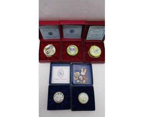 Two boxed Halcyon Days enamel boxes, one commemorating the marriage of the Prince of Wales and Lady Diana Spencer and three b