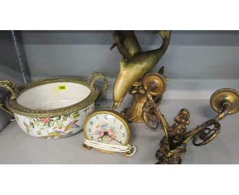 A contemporary Oriental crackle glazed bowl with ornate brass mounts, an Ormolu wall light, a gold painted composition model 