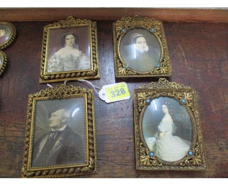 Four 20th century portrait miniatures in rectangular brass frames, 4 x 3 1/4