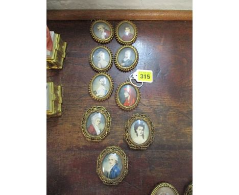 Nine 20th century portrait miniatures in small circular brass frame, 2.5 x 3