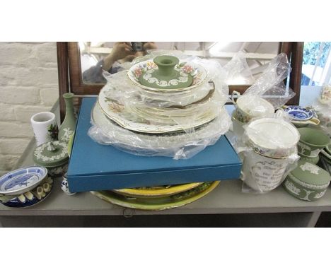 Wedgwood green Jasperware, Delft collectibles, a Paragon part teaset, a ceramic slipper bed pan, commemorative items and othe