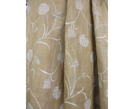 A pair of modern hessian style curtains in beige with white leaf pattern, lined, 76 w x 90 drop (gathered)