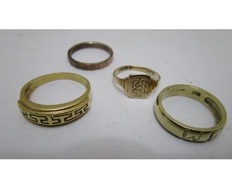 Two 9ct gold rings and an Italian Milor gilded metal ring and an 18ct gold ring with Greek Key decoration