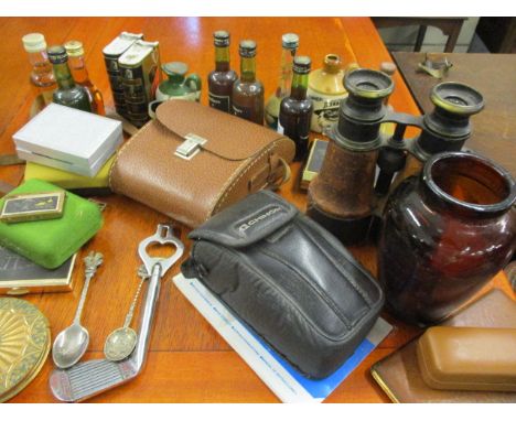 Mixed miniature bottles, a compact, mixed cases, a Chinon camera, vintage binoculars and other items 