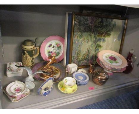 A mixed lot to include framed tapestry pictures, a Goebel bird, Wedgwood Jasperware, a German stein, a copper horn and other 