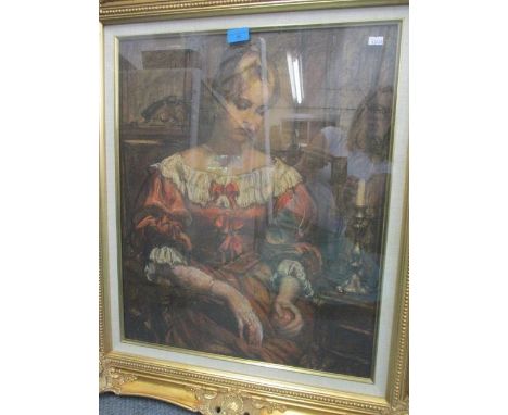 A portrait of a seated lady holding an apple in a gilt frame 