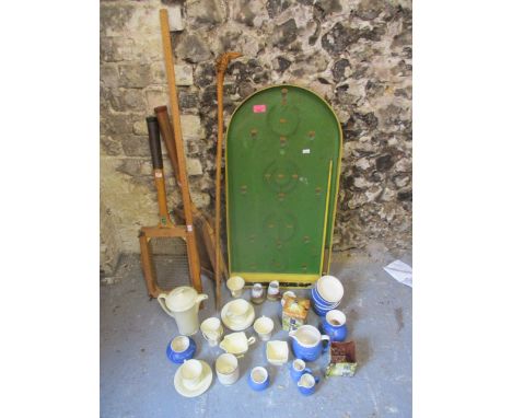 A mixed lot to include a Bagatelle game, a cream glazed coffee set, blue glazed tableware, Cottage Ware and other items 