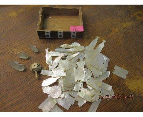 A mixed lot to include Chinese mother of pearl  gambling chips, three glass swans and an ivory dice 