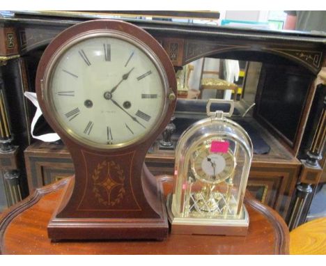 Two clocks to include an Edwardian mahogany inlaid mantel clock, 15 1/4"h, together with a modern quartz mantel clock 