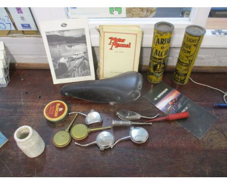 Retro tools and collectables to include a Brooks bicycle seat, a Motor Manual 35th Edition, oil cans and other items 