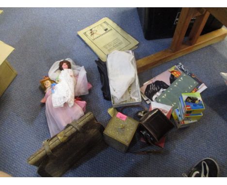 A mixed lot to include a snakeskin bag and purse, a Halmaflex camera, a beaded purse, Lego, cigarette cards and other items 