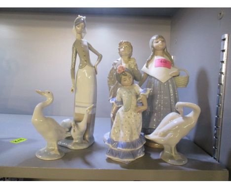 A mixed lot of Lladro and Nao to include, two Lladro geese ornaments, two Lladro figures and two Nao figures 