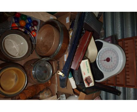 2 boxes of Salter scales, storage jars, tie racks, wooden ice buckets, bowls etc