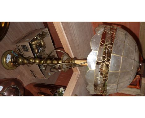 Brass table lamp with capis shell shade converted to electric and a selection of brass ornaments