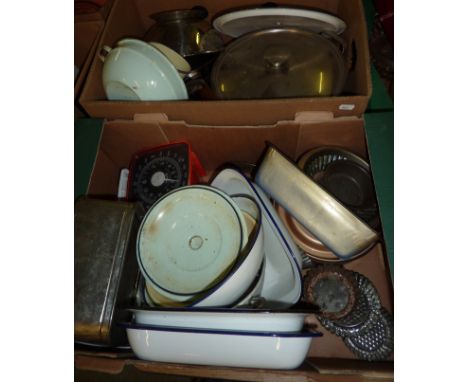 2 boxes of assorted kitchenalia inc pans, baking trays, enamel ware etc