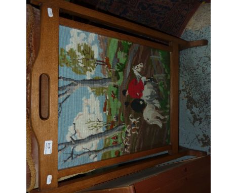 Oak framed fire screen with woolwork panel of hunting scene