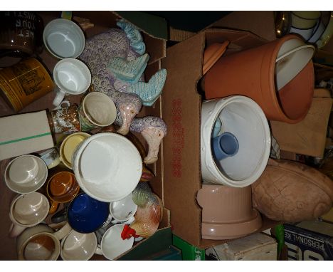 Terracotta bread bin, stone ware casserole dish, ceramic dodo's etc (2 boxes)