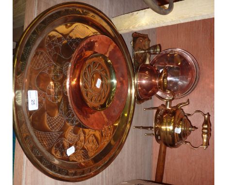 Brass kettle on stand, copper warming pan, dishes etc