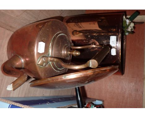 Copper lidded coal bucket, copper kettle, brass candlesticks etc