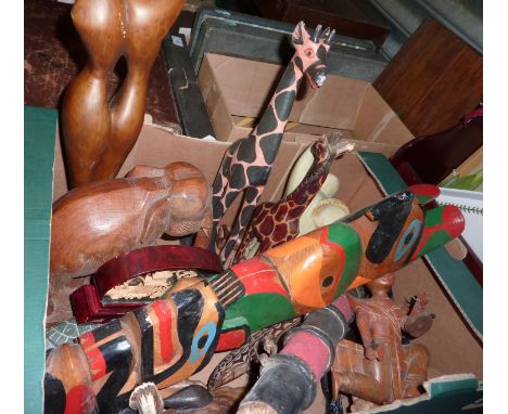 Selection of wooden carved animals, ceramic pig etc