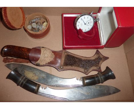 Small hunting knife in leather scabbard, Nero Lemania stopwatch, 2 small kukri knives etc