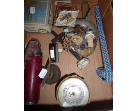 Yorkshire penny bank, beaded pipe, crested ware saucer, squirrel dish, miniature anvil etc