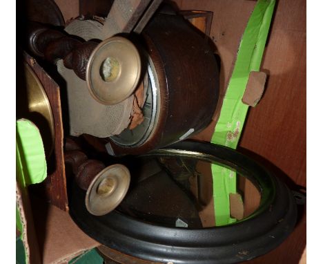 Westminster chime mantle clock, small painted mirror, wooden barley twist candlesticks, pair of bellows etc
