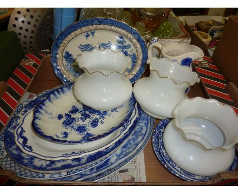 Blue and white meat plates, glass lamp shades etc
