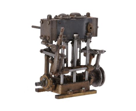   A model of a Stuart twin cylinder live steam marine engine, the twin simple cylinders with metal lagging, polished bright-w