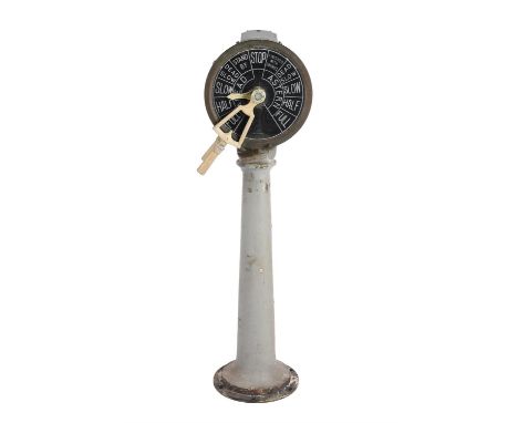 A FULL/STOP Ships engine room Telegraph, by 'Chad Burns'  Height 120cm. Dial diameter 30cm. The telegraph painted grey.Condit