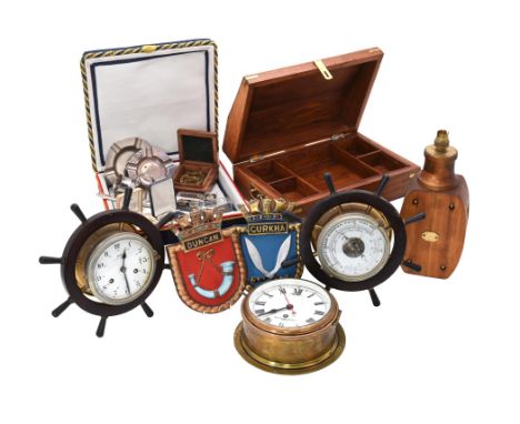 A Smiths Marine brass cased ships clock, ships wall clock, ships barometer, brass shell case, four hand bells, gong, two ship