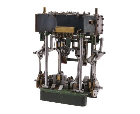 A well engineered model of a twin compound boat engine, having open balanced crank, eccentric driven steam valves with Stephe