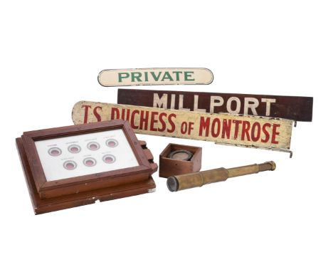 A Kyles of Bute sign, state room indicator box, small compass in box with glazed panel and a small telescope.Condition Report