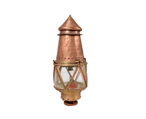A Trinity house copper ships light, with glazed triangular panels (glass damaged) and hinged access cover. Together with anot