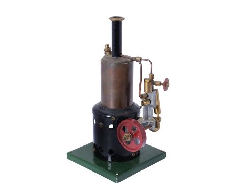   A model of a live steam vertical boiler with oscillating engine mounted to side, steam control valve and spoked flywheel. D