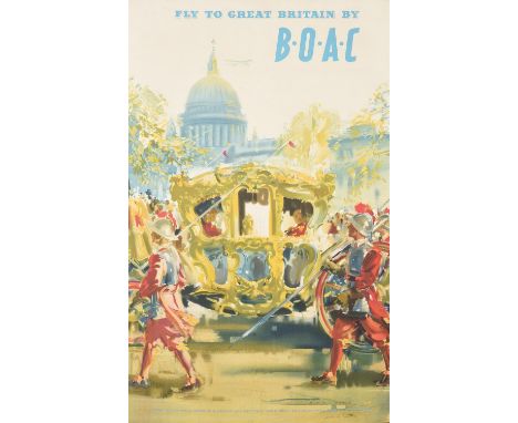 An original 1960's travel poster, Fly to Great Britain by B.O.A.C in glazed and ebonized frame. Approximately 76cm by 51cm.Co