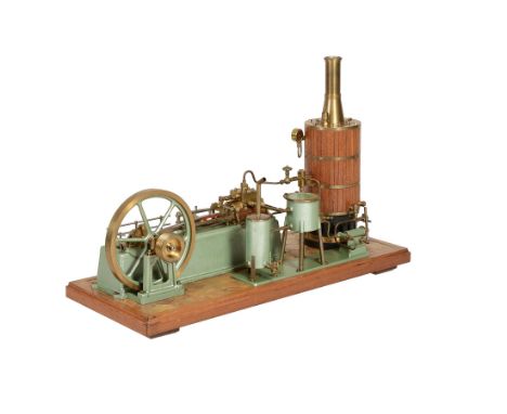 An exhibitions standard model of gas fired model stationary steam set, built by F. Lindemann with brass bound mahogany lagged