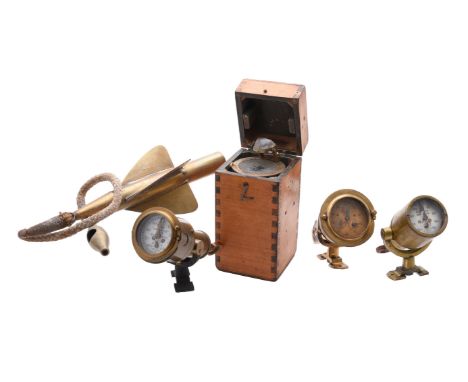 A collection of three Walkers ships logs, and a boxed compass with folding lid.