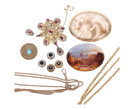 2 gilt-metal guard chains, a gilt-metal and stone set brooch, dried flower and seed pearl set panel, turquoise set target bro