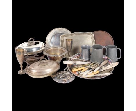 An engraved and silver plated circular tray, with cast foot, tureen and cover, cutlery, etc (boxful) 