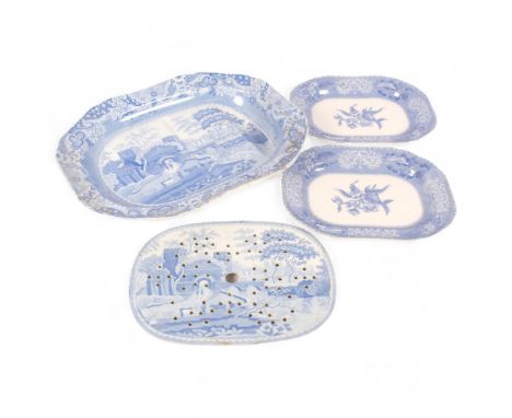 Victorian Spode blue and white printed meat dish with drainer well, 47cm, matching drainer, and 2 Spode Camelia pattern servi