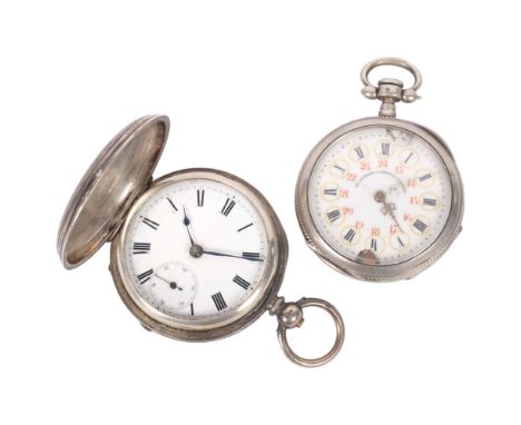 An engine turned silver-cased key-wind pocket watch, and a silver plated French key-wind pocket watch, with enamelled dial (d