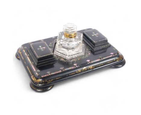 Jennens &amp; Bettridge, a Victorian&nbsp;papier mache desk stand, with a fitted glass inkwell and 2 lidded boxes, with flora