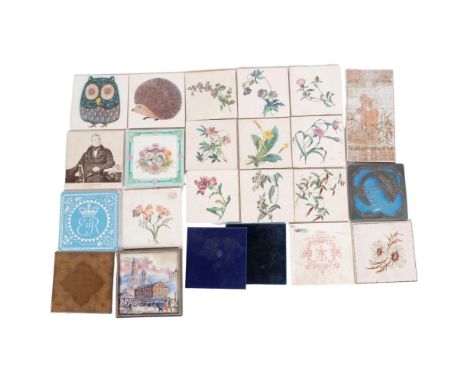 A California faience portrait tile, 14.5cm, German tiles depicting an owl and a hedgehog, a set of floral tiles, George V Cor