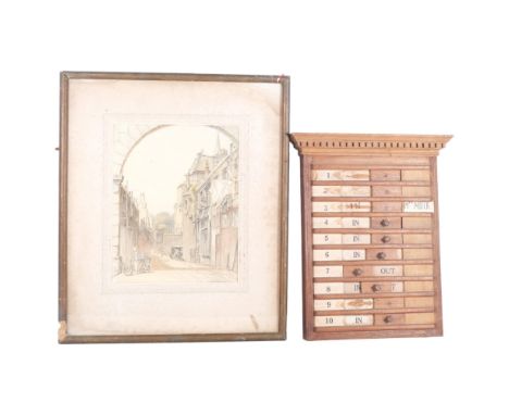 A Vintage wall-hanging wooden clocking-in board, 50cm x 40cm, and a framed pencil and watercolour sketch of a street scene, b